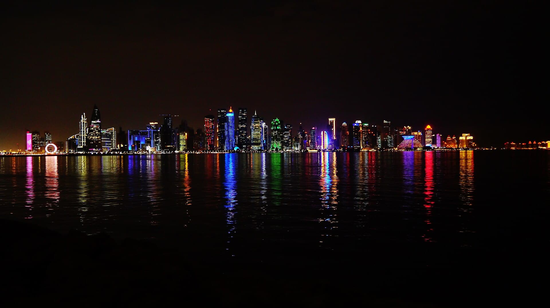Doha skyline at night across the waterfront